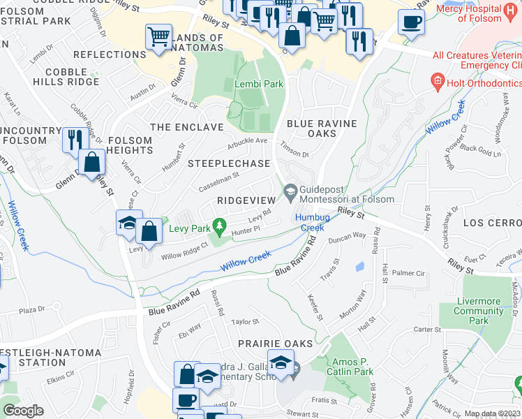 map of restaurants, bars, coffee shops, grocery stores, and more near 709 Sands Way in Folsom