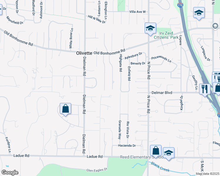 map of restaurants, bars, coffee shops, grocery stores, and more near 25 Crosswinds Drive in Olivette