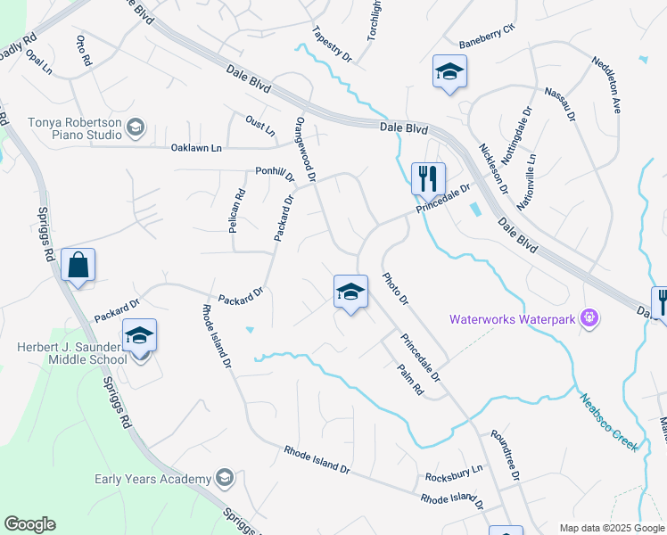 map of restaurants, bars, coffee shops, grocery stores, and more near 13515 Pamela Court in Woodbridge