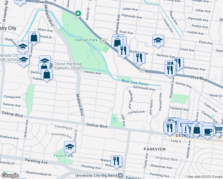 map of restaurants, bars, coffee shops, grocery stores, and more near 7010 Tulane Avenue in University City