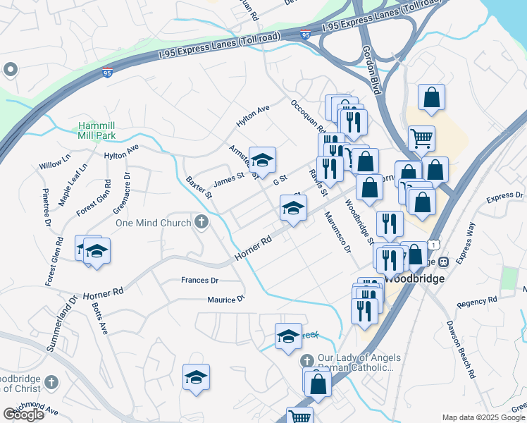 map of restaurants, bars, coffee shops, grocery stores, and more near 1430 F Street in Woodbridge