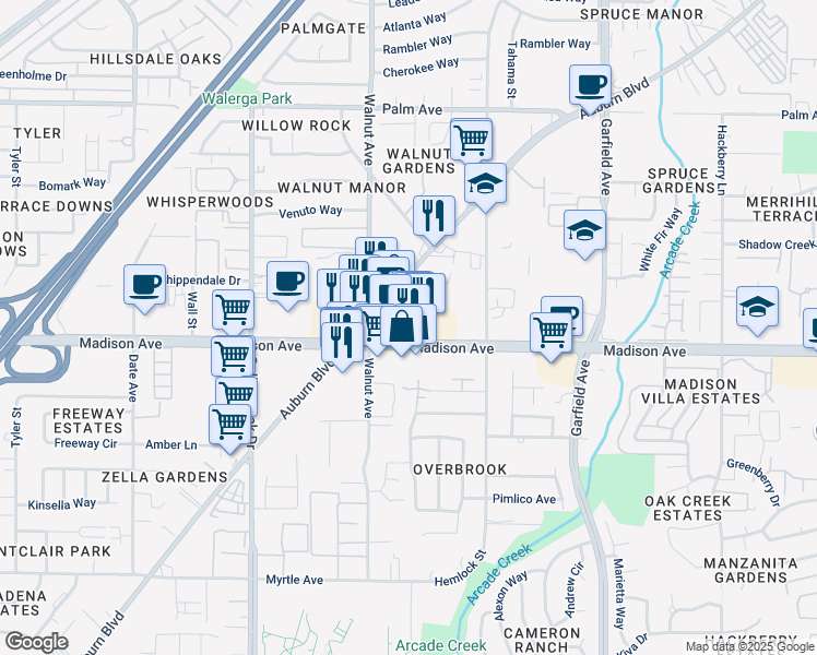 map of restaurants, bars, coffee shops, grocery stores, and more near 5207 Madison Avenue in Sacramento