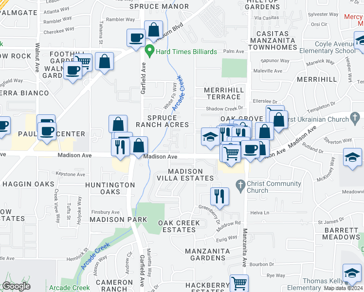 map of restaurants, bars, coffee shops, grocery stores, and more near 5209 Shereen Court in Sacramento
