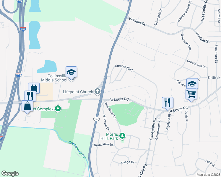 map of restaurants, bars, coffee shops, grocery stores, and more near 312 Walnut Drive in Collinsville