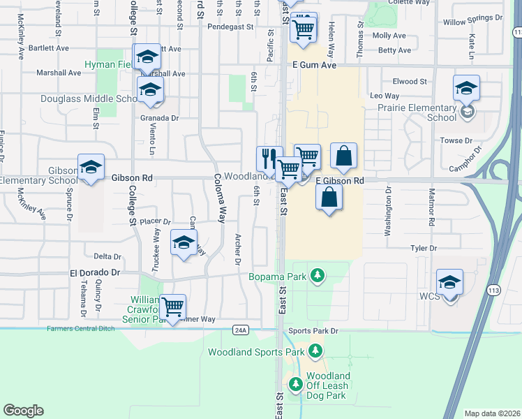 map of restaurants, bars, coffee shops, grocery stores, and more near 1523 6th Street in Woodland