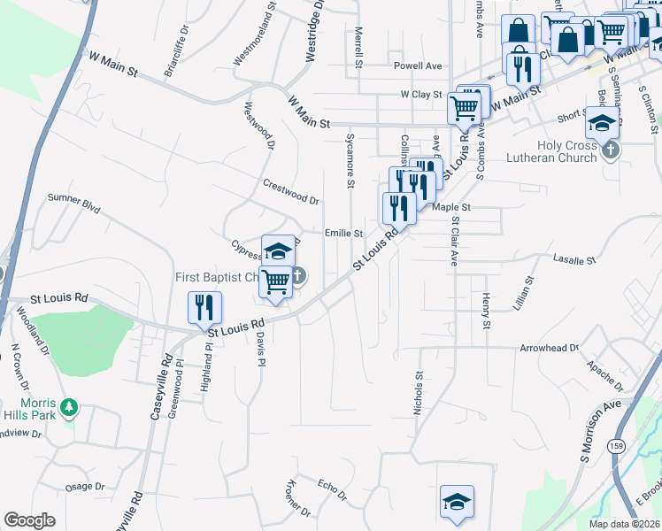 map of restaurants, bars, coffee shops, grocery stores, and more near in Collinsville