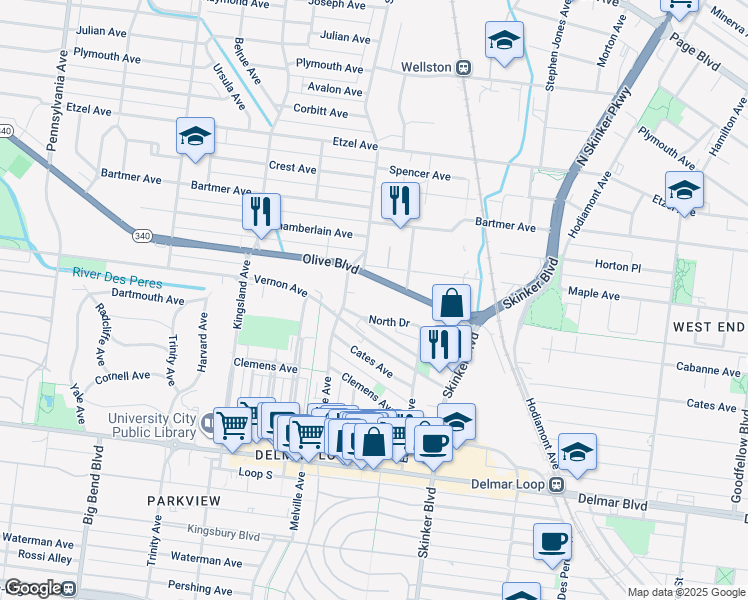 map of restaurants, bars, coffee shops, grocery stores, and more near 6301 North Drive in University City