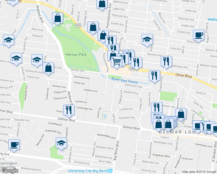 map of restaurants, bars, coffee shops, grocery stores, and more near 789 Yale Avenue in University City