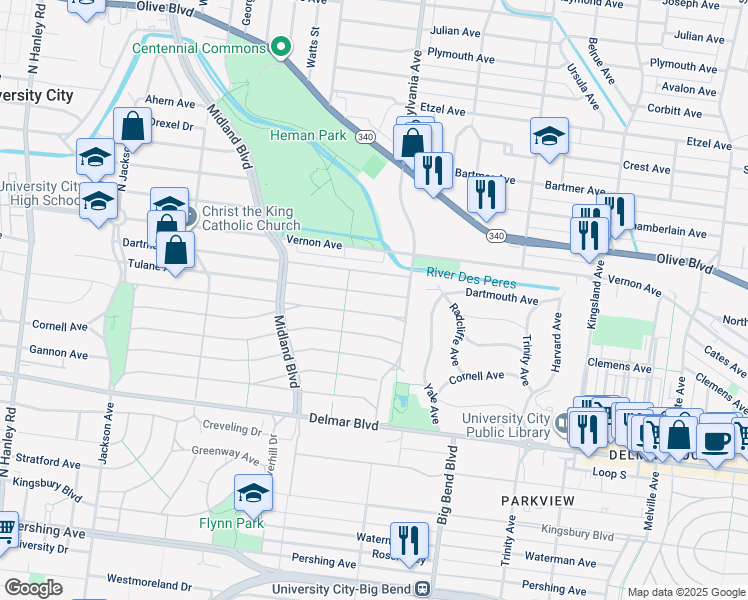 map of restaurants, bars, coffee shops, grocery stores, and more near 7045 Amherst Avenue in University City