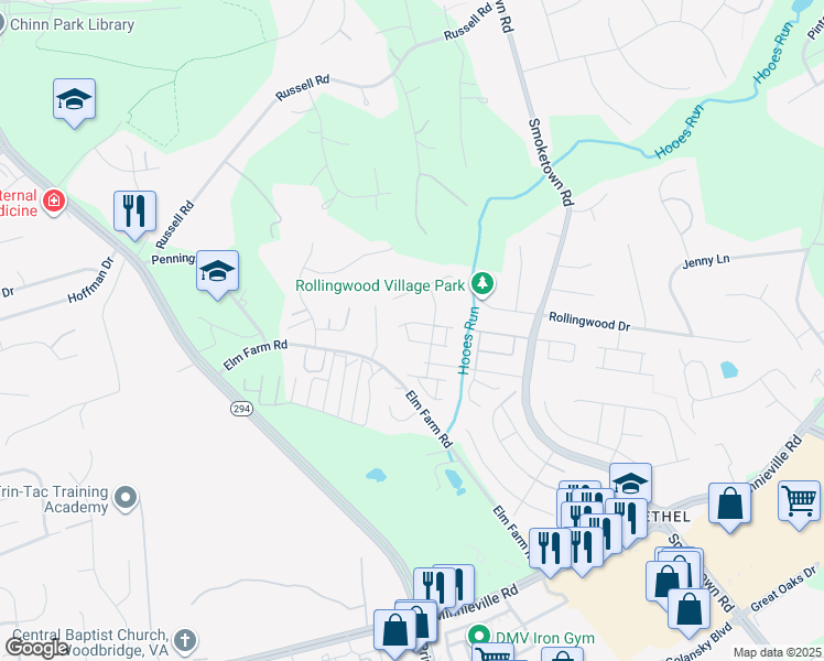 map of restaurants, bars, coffee shops, grocery stores, and more near 13493 Lock Loop in Woodbridge