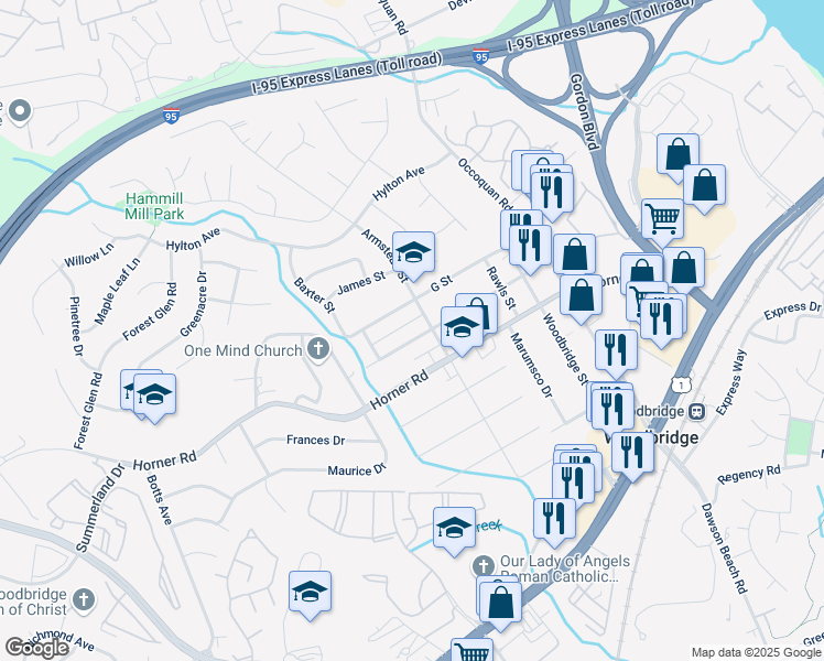 map of restaurants, bars, coffee shops, grocery stores, and more near 1430 F Street in Woodbridge