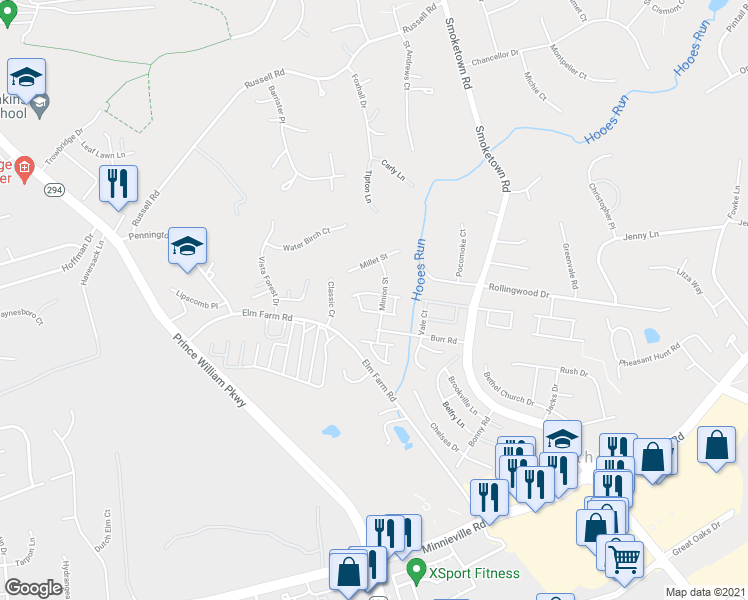 map of restaurants, bars, coffee shops, grocery stores, and more near 13455 Lock Loop in Woodbridge