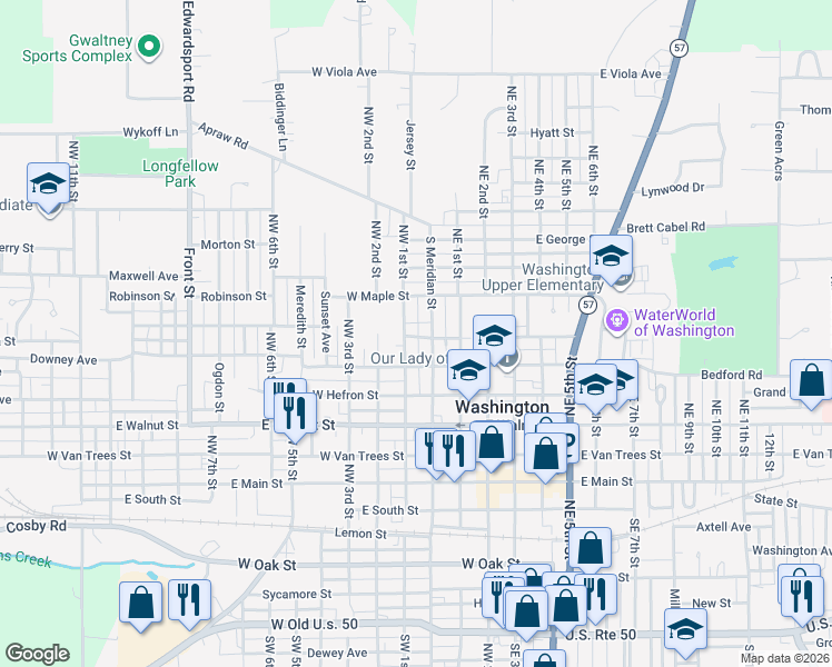 map of restaurants, bars, coffee shops, grocery stores, and more near 401-475 North Meridian Street in Washington