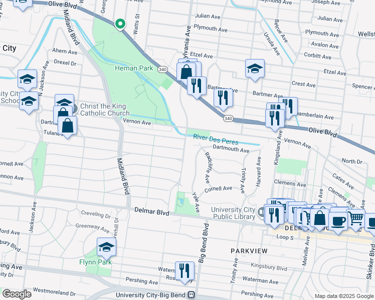 map of restaurants, bars, coffee shops, grocery stores, and more near 842 Pennsylvania Avenue in University City