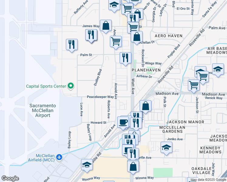 map of restaurants, bars, coffee shops, grocery stores, and more near 5201 Arnold Avenue in McClellan Park