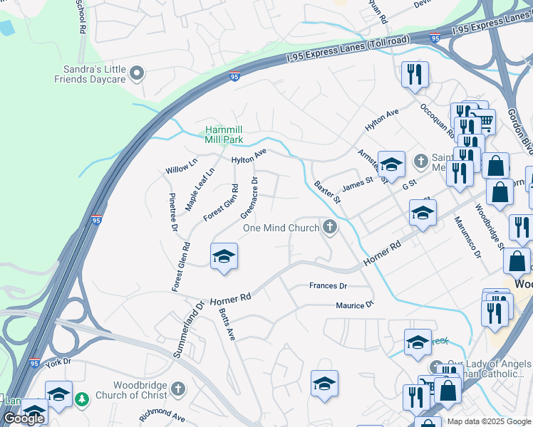 map of restaurants, bars, coffee shops, grocery stores, and more near 13412 Wildwood Court in Woodbridge