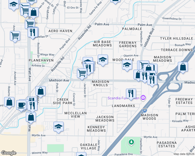 map of restaurants, bars, coffee shops, grocery stores, and more near 3941 Madison Avenue in North Highlands