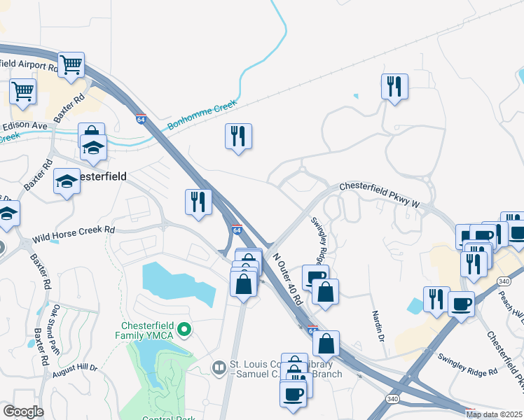 map of restaurants, bars, coffee shops, grocery stores, and more near 16600 Swingley Ridge Road in Chesterfield