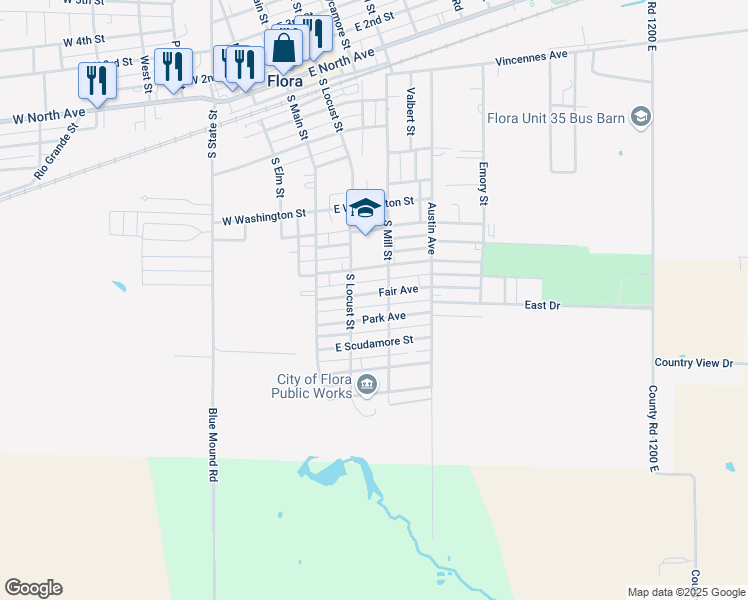 map of restaurants, bars, coffee shops, grocery stores, and more near 233 Park Avenue in Flora