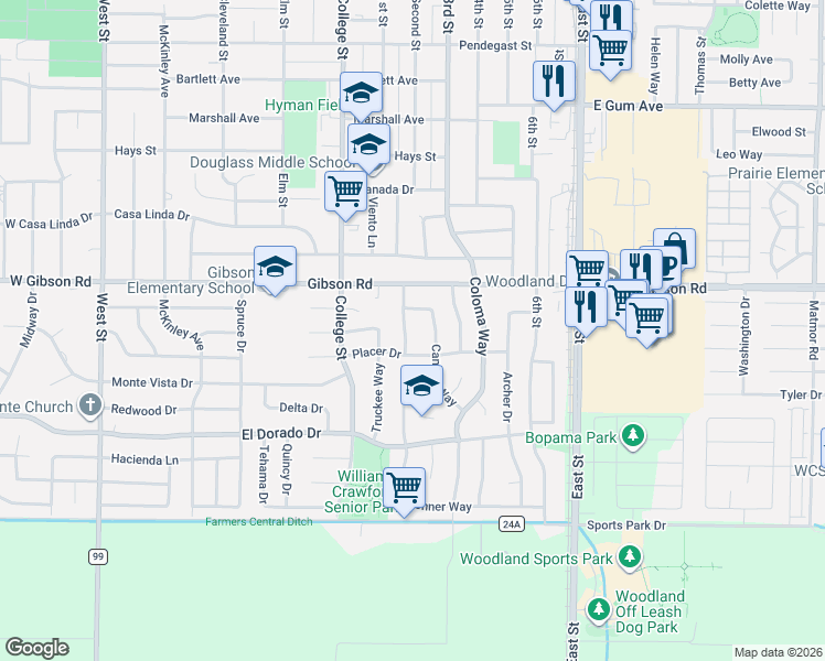 map of restaurants, bars, coffee shops, grocery stores, and more near 1522 Camino Way in Woodland