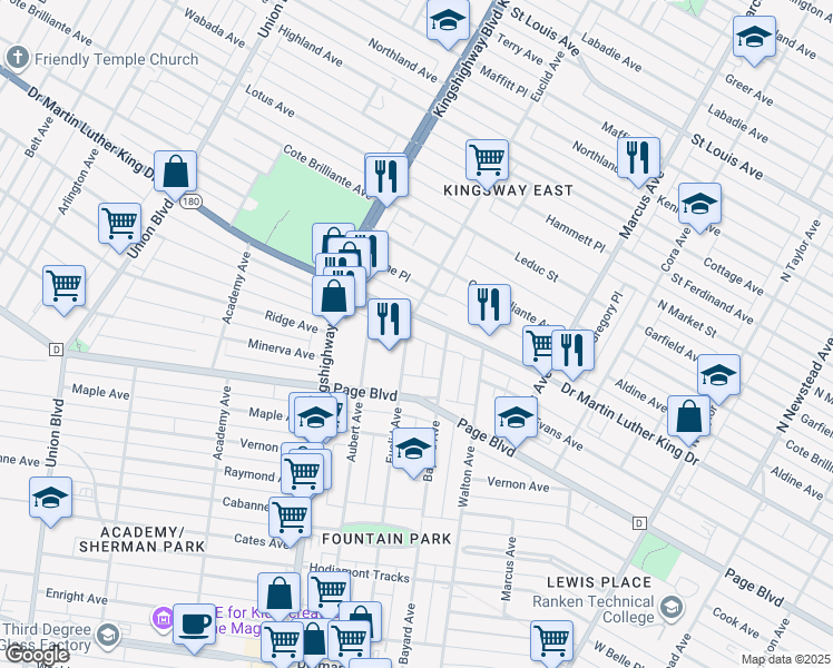 map of restaurants, bars, coffee shops, grocery stores, and more near 1347 Bayard Avenue in St. Louis