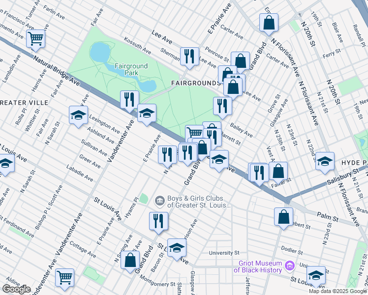 map of restaurants, bars, coffee shops, grocery stores, and more near 3637 Palm Street in St. Louis