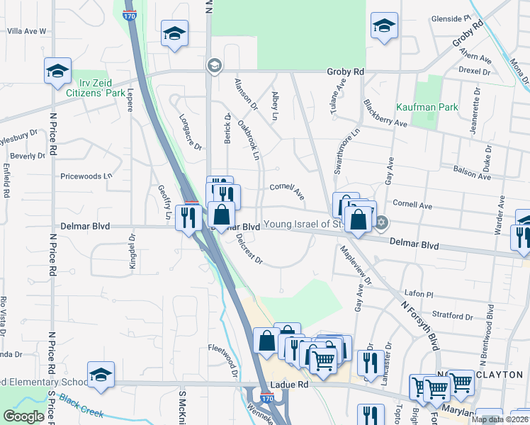map of restaurants, bars, coffee shops, grocery stores, and more near 8399 Delmar Boulevard in St. Louis