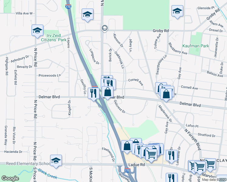 map of restaurants, bars, coffee shops, grocery stores, and more near 8390 Delmar Boulevard in St. Louis
