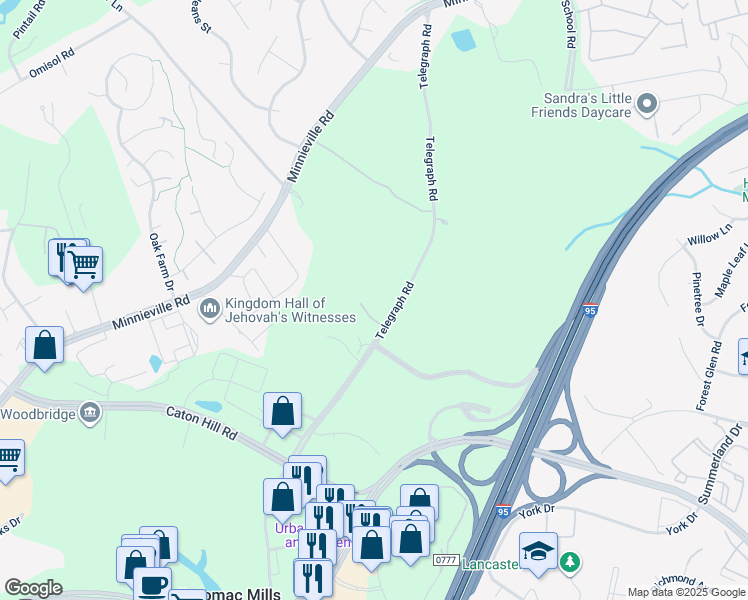 map of restaurants, bars, coffee shops, grocery stores, and more near 13386 Telegraph Rd in Woodbridge