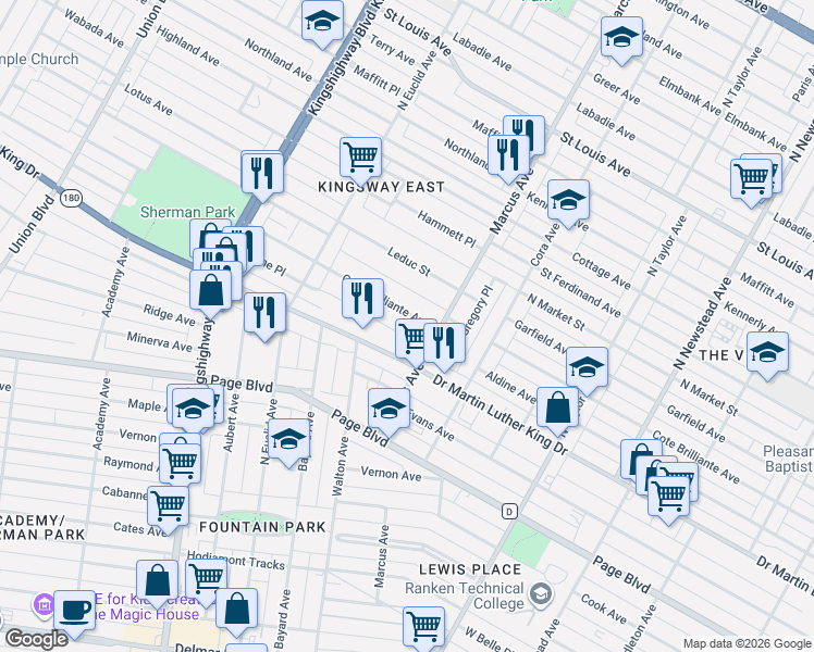 map of restaurants, bars, coffee shops, grocery stores, and more near 1523 Marcus Avenue in St. Louis