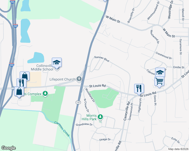 map of restaurants, bars, coffee shops, grocery stores, and more near 312 Walnut Drive in Collinsville