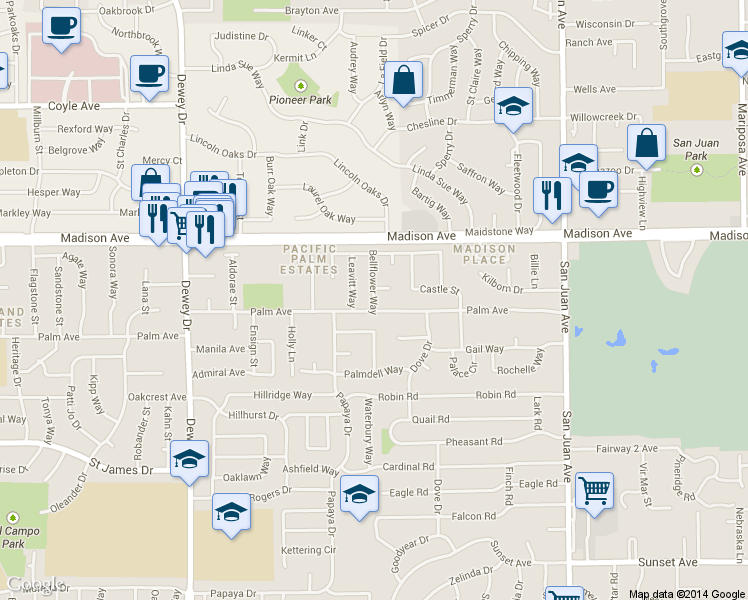 map of restaurants, bars, coffee shops, grocery stores, and more near Bellflower Way in Fair Oaks