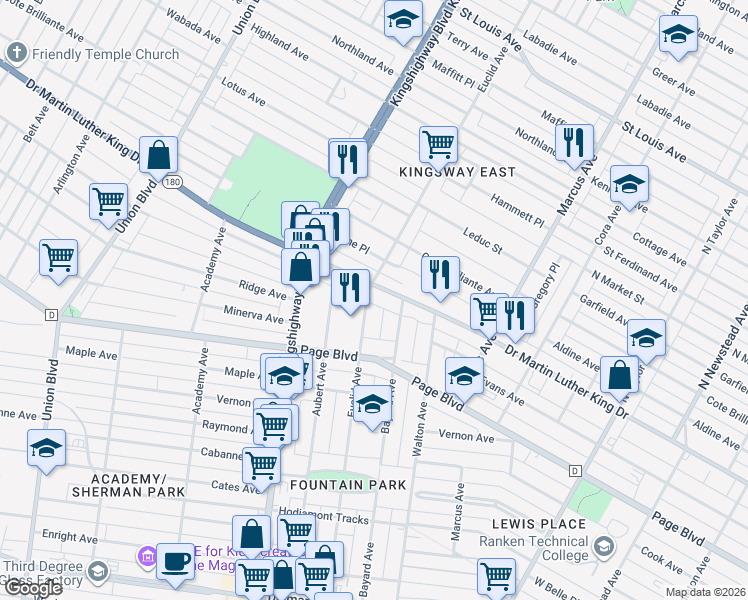 map of restaurants, bars, coffee shops, grocery stores, and more near 1347 Bayard Avenue in St. Louis