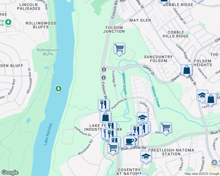 map of restaurants, bars, coffee shops, grocery stores, and more near 620 Coolidge Drive in Folsom