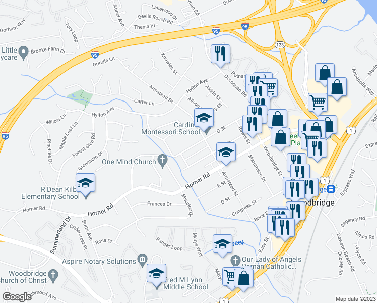 map of restaurants, bars, coffee shops, grocery stores, and more near 1439 G Street in Woodbridge