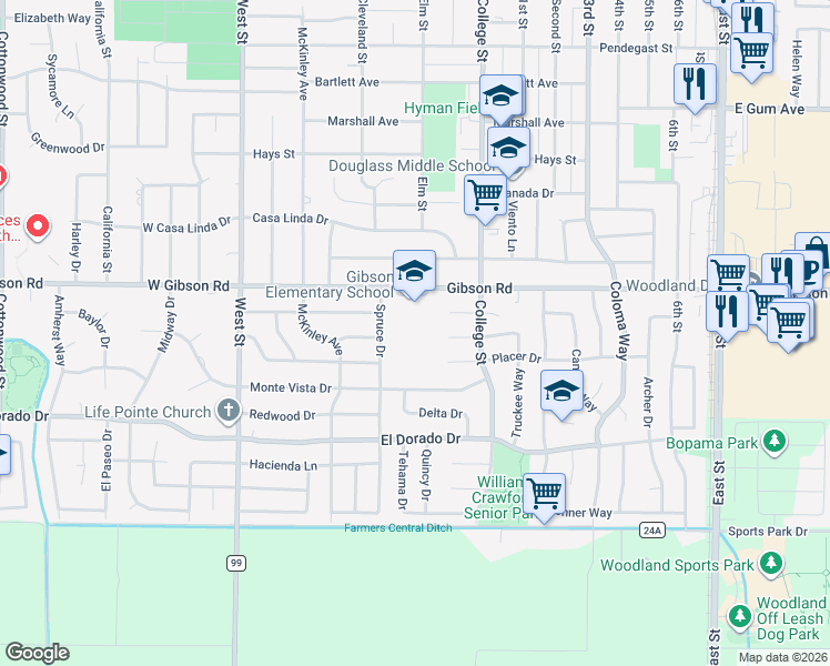map of restaurants, bars, coffee shops, grocery stores, and more near 312 Gibson Road in Woodland