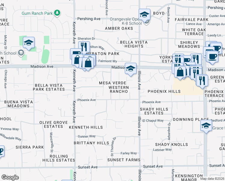 map of restaurants, bars, coffee shops, grocery stores, and more near 5214 Valonia Street in Fair Oaks