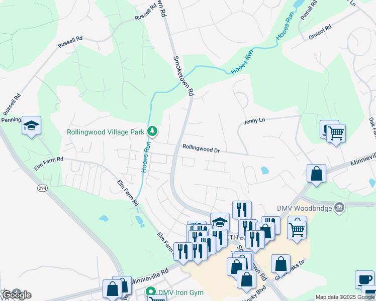map of restaurants, bars, coffee shops, grocery stores, and more near 3346 Rollingwood Drive in Woodbridge
