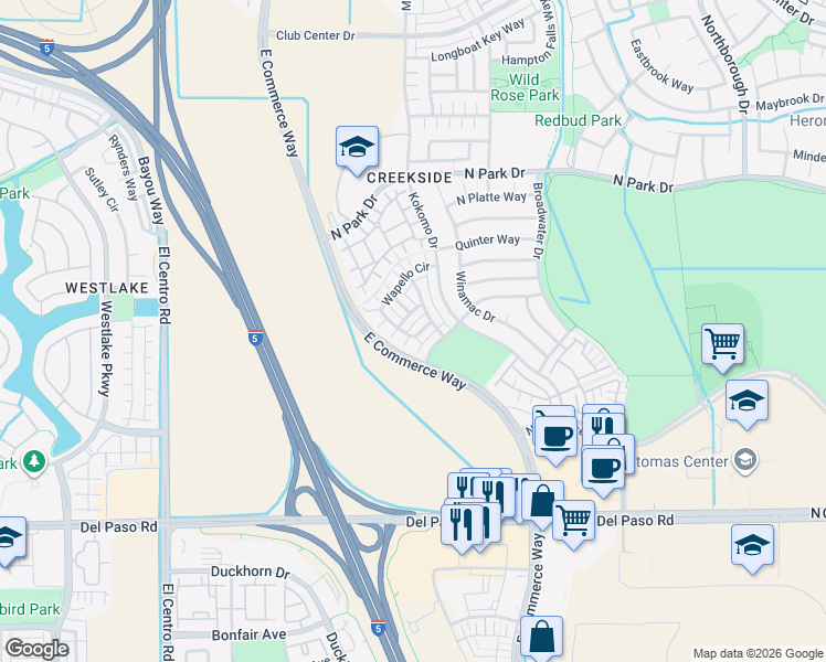 map of restaurants, bars, coffee shops, grocery stores, and more near 605 Wapello Circle in Sacramento