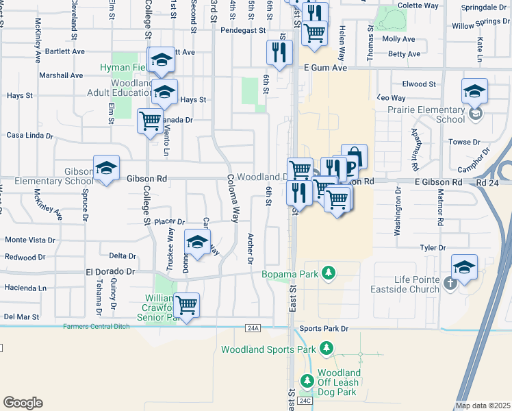 map of restaurants, bars, coffee shops, grocery stores, and more near 815 Placer Drive in Woodland