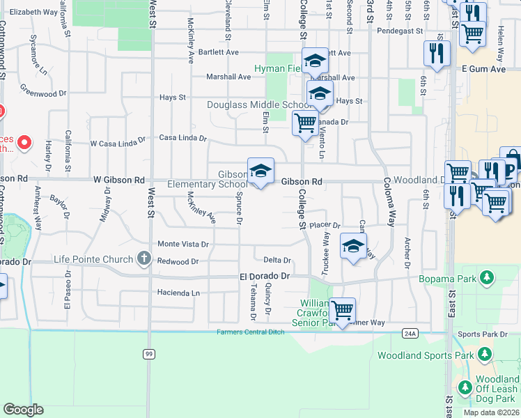 map of restaurants, bars, coffee shops, grocery stores, and more near 312 Gibson Road in Woodland