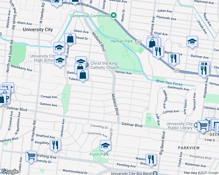 map of restaurants, bars, coffee shops, grocery stores, and more near 7223 Colgate Avenue in University City