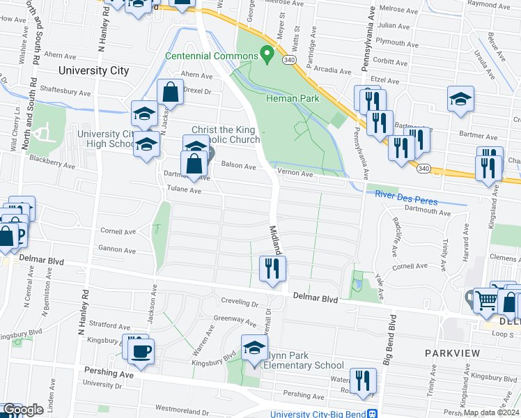 map of restaurants, bars, coffee shops, grocery stores, and more near 7223 Colgate Avenue in University City