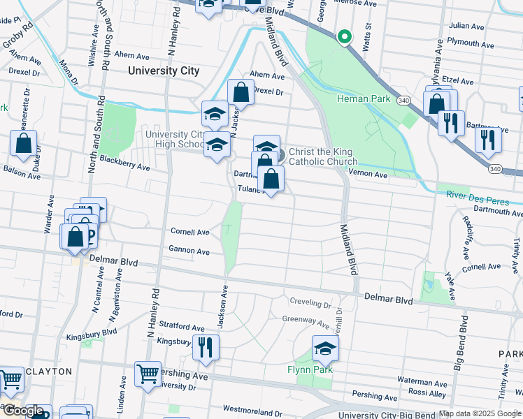 map of restaurants, bars, coffee shops, grocery stores, and more near 7350 Colgate Avenue in University City