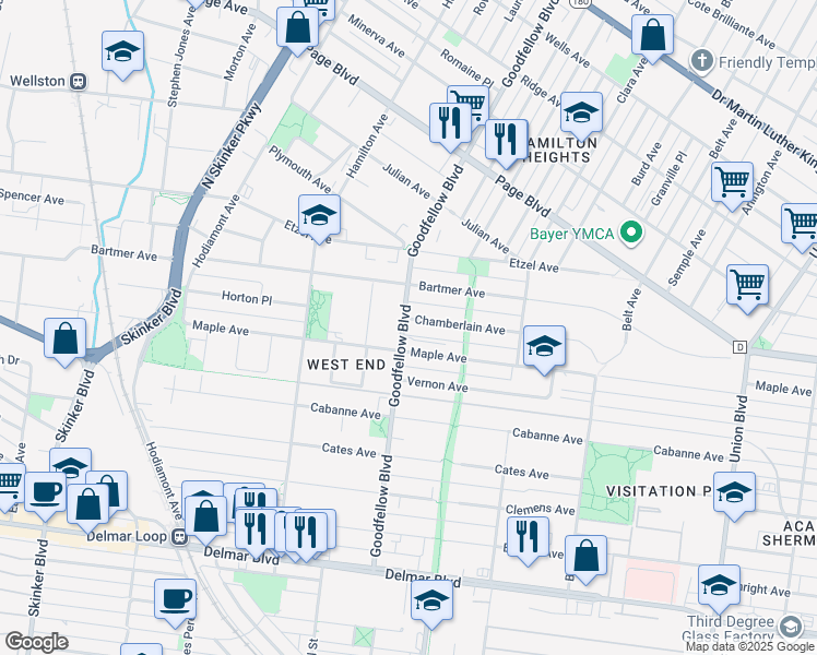 map of restaurants, bars, coffee shops, grocery stores, and more near 5754 Chamberlain Avenue in St. Louis