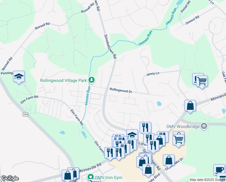 map of restaurants, bars, coffee shops, grocery stores, and more near 3346 Rollingwood Drive in Woodbridge