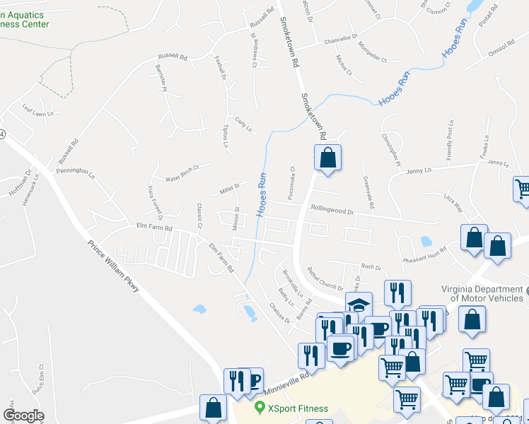 map of restaurants, bars, coffee shops, grocery stores, and more near 3404 Longbow Court in Woodbridge