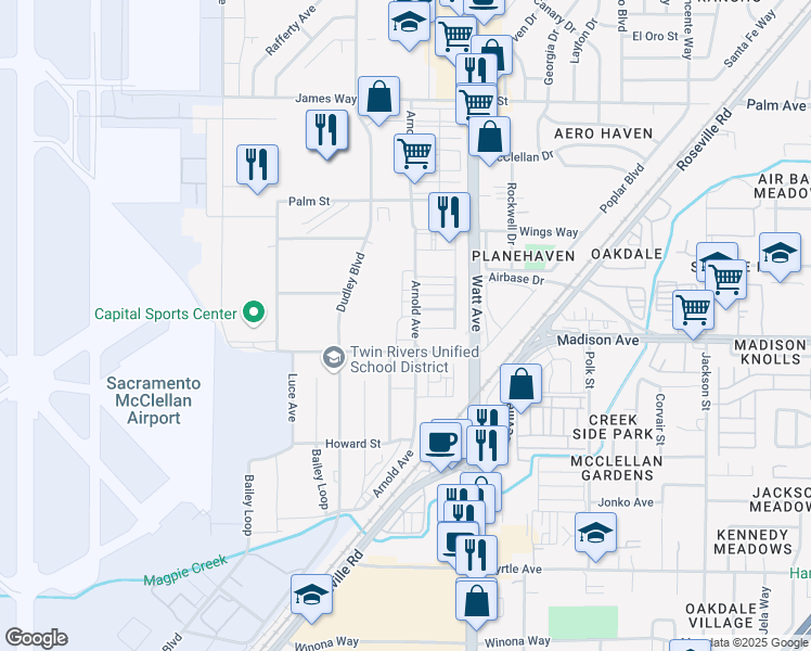 map of restaurants, bars, coffee shops, grocery stores, and more near 5201 Arnold Avenue in McClellan Park
