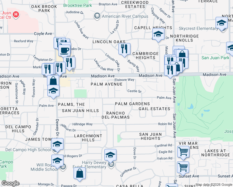 map of restaurants, bars, coffee shops, grocery stores, and more near 7028 Palm Avenue in Fair Oaks