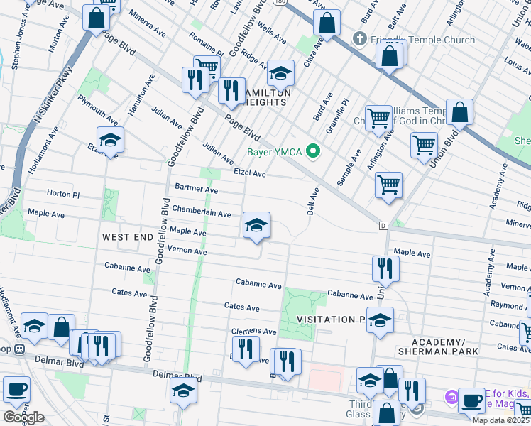 map of restaurants, bars, coffee shops, grocery stores, and more near 5561 Chamberlain Avenue in Saint Louis
